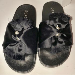 Black slip on's+  cute black satin bow and pearls.